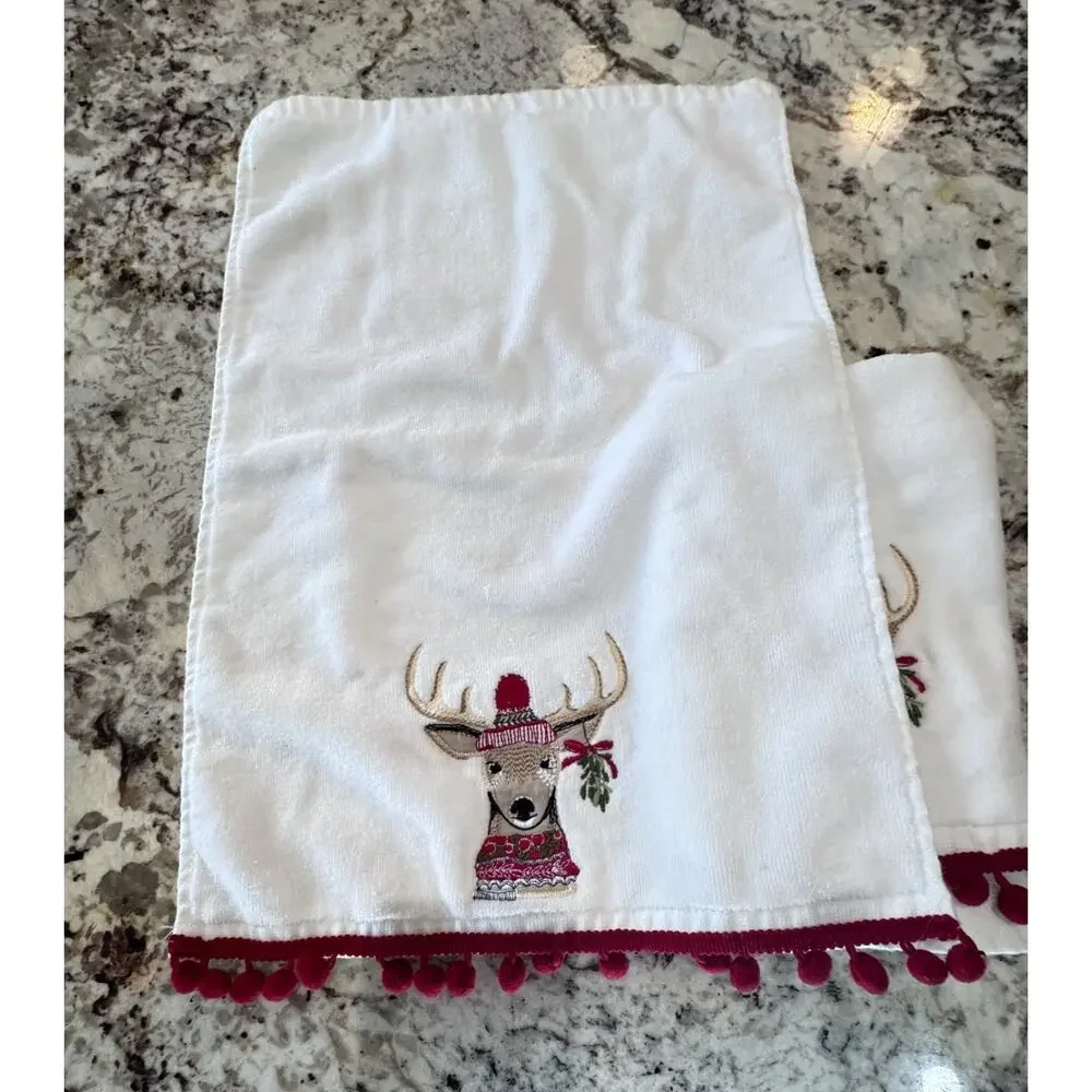 Jingles & Joy Reindeer NEW Hand Towels Set (2) Embroidered w/ Red Trim Pom Poms